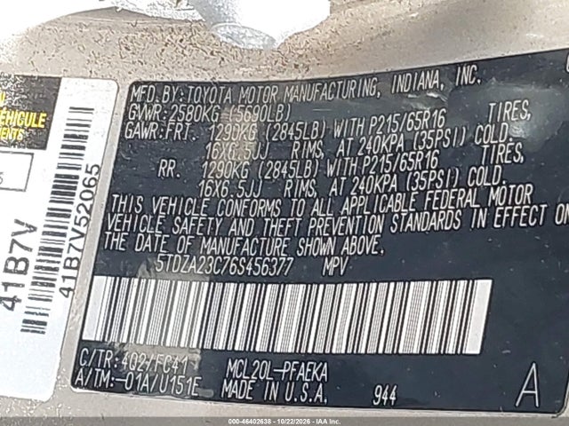 46402638 :رقم المزاد ، 5TDZA23C76S456377 vin ، 2006 Toyota Sienna Le مزاد بيع