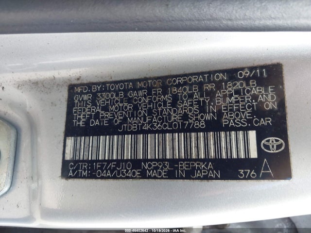 Aukcja sprzedaży 2012 Toyota Yaris, vin: JTDBT4K36CL017788, numer aukcji: 46402642
