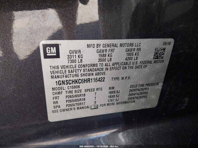 Продаж на аукціоні авто 2017 Chevrolet Suburban Lt, vin: 1GNSCHKC6HR116422, номер лоту: 46402651