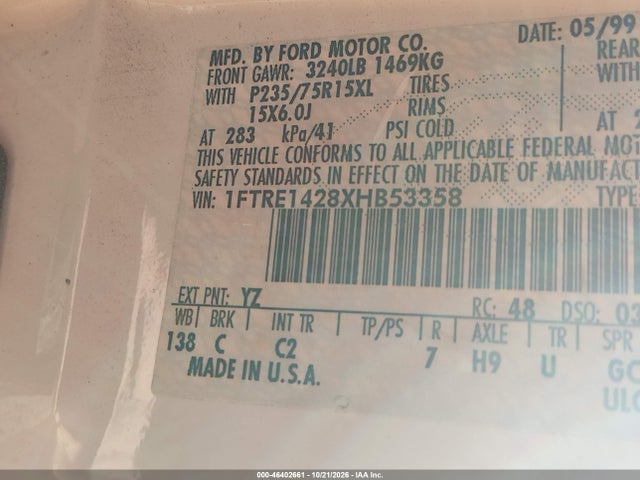 Продажа на аукционе авто 1999 Ford E-150 Commercial/recreational, vin: 1FTRE1428XHB53358, номер лота: 46402661