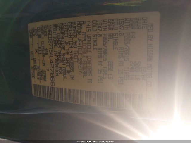46402686 :رقم المزاد ، 1N6ED27T54C427066 vin ، 2004 Nissan Frontier Xe-v6 مزاد بيع