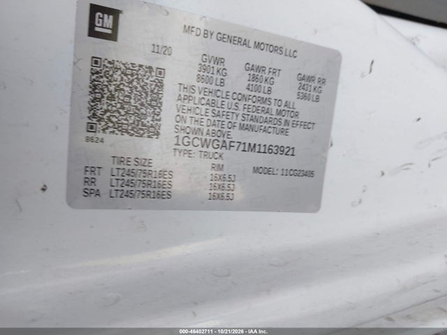 Aukcja sprzedaży 2021 Chevrolet Express Cargo Rwd 2500 Regular Wheelbase Wt, vin: 1GCWGAF71M1163921, numer aukcji: 46402711