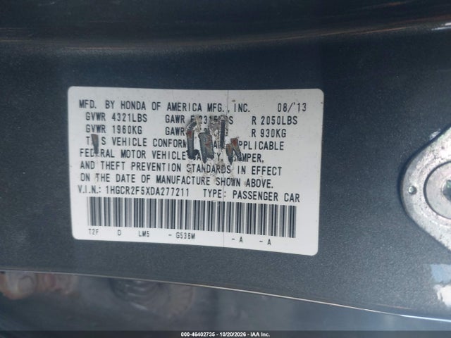 2013 Honda Accord Sport მანქანა იყიდება აუქციონზე, vin: 1HGCR2F5XDA277211, აუქციონის ნომერი: 46402735