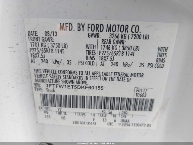 Aukcja sprzedaży 2013 Ford F-150 Lariat, vin: 1FTFW1ET5DKF60155, numer aukcji: 46402788
