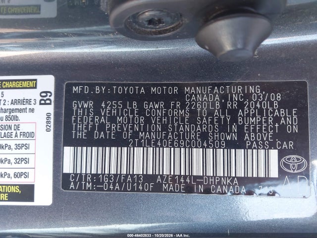 2009 Toyota Matrix S მანქანა იყიდება აუქციონზე, vin: 2T1LE40E69C004509, აუქციონის ნომერი: 46402833