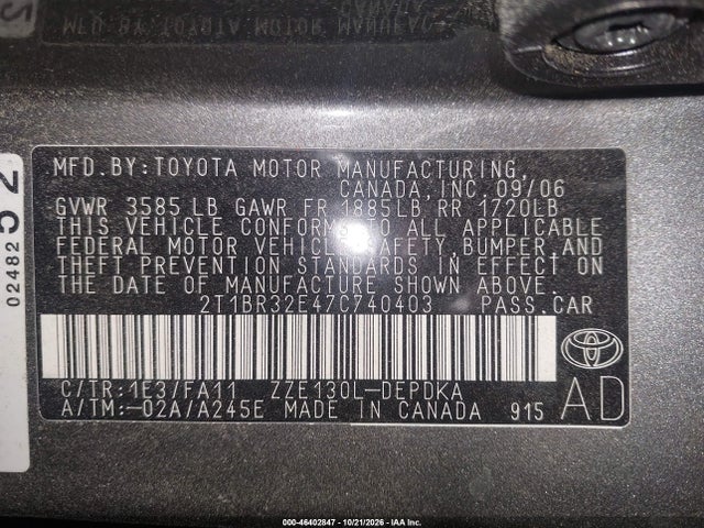 Продажа на аукционе авто 2007 Toyota Corolla Ce, vin: 2T1BR32E47C740403, номер лота: 46402847
