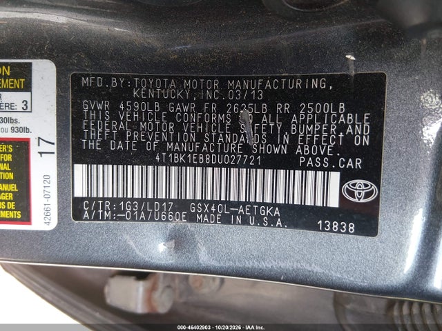 2013 Toyota Avalon Xle მანქანა იყიდება აუქციონზე, vin: 4T1BK1EB8DU027721, აუქციონის ნომერი: 46402903