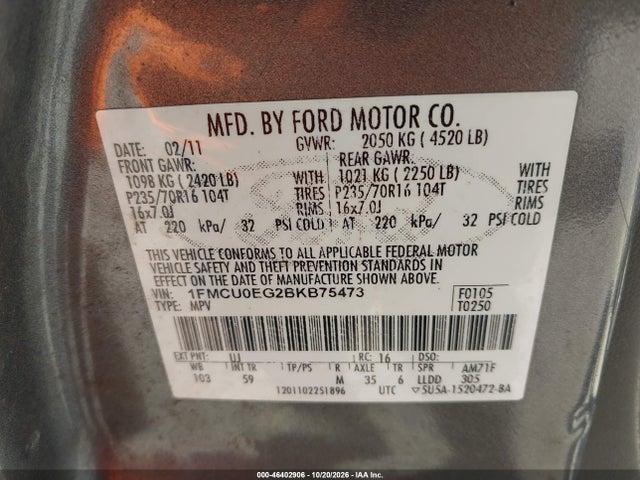 46402906 :رقم المزاد ، 1FMCU0EG2BKB75473 vin ، 2011 Ford Escape Limited مزاد بيع