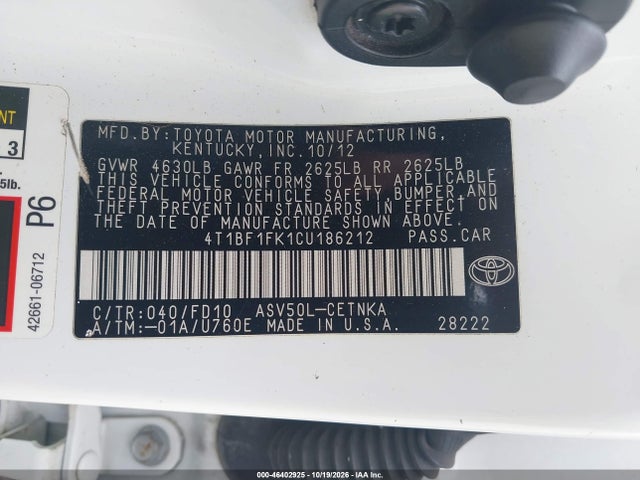 Продаж на аукціоні авто 2012 Toyota Camry Le, vin: 4T1BF1FK1CU186212, номер лоту: 46402925
