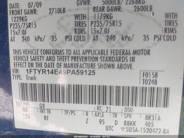 Продажа на аукционе авто 2009 Ford Ranger Sport/xl/xlt, vin: 1FTYR14E49PA59125, номер лота: 46402942