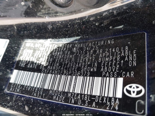 Auction sale of the 2025 Toyota Corolla Le, vin: 5YFB4MDE3SP305379, lot number: 46402963
