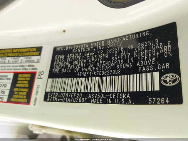 Продаж на аукціоні авто 2012 Toyota Camry Se Limited Edition, vin: 4T1BF1FK7CU622898, номер лоту: 46402966