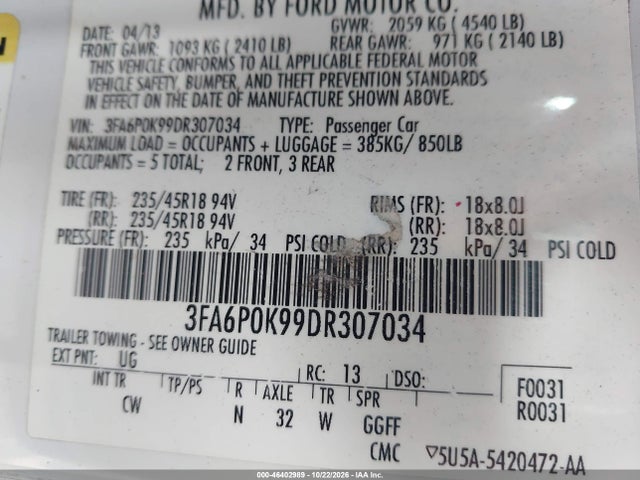 Продаж на аукціоні авто 2013 Ford Fusion Titanium, vin: 3FA6P0K99DR307034, номер лоту: 46402989