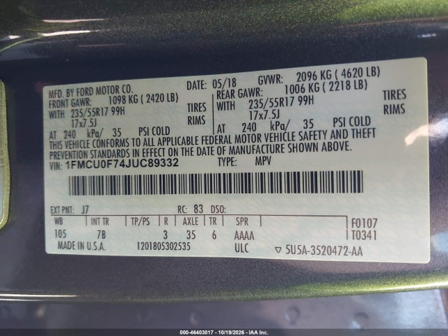 Aukcja sprzedaży 2018 Ford Escape S, vin: 1FMCU0F74JUC89332, numer aukcji: 46403017
