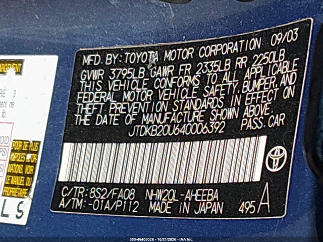 Продаж на аукціоні авто 2004 Toyota Prius, vin: JTDKB20U640006392, номер лоту: 46403026
