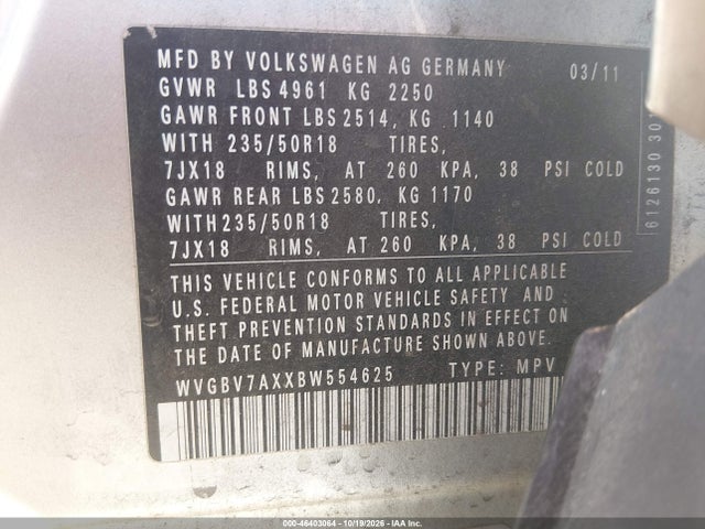 2011 Volkswagen Tiguan Sel მანქანა იყიდება აუქციონზე, vin: WVGBV7AXXBW554625, აუქციონის ნომერი: 46403064