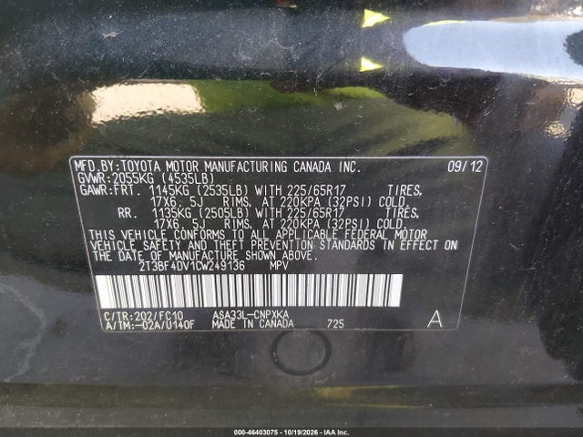 Продажа на аукционе авто 2012 Toyota Rav4, vin: 2T3BF4DV1CW249136, номер лота: 46403075