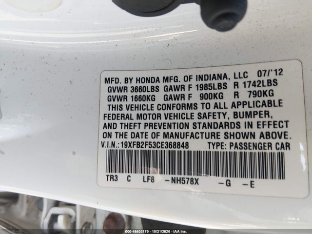 Aukcja sprzedaży 2012 Honda Civic Lx, vin: 19XFB2F53CE368848, numer aukcji: 46403179