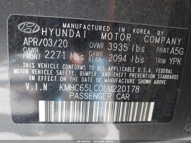 2020 Hyundai Ioniq Hybrid Blue მანქანა იყიდება აუქციონზე, vin: KMHC65LC0LU220178, აუქციონის ნომერი: 46403201