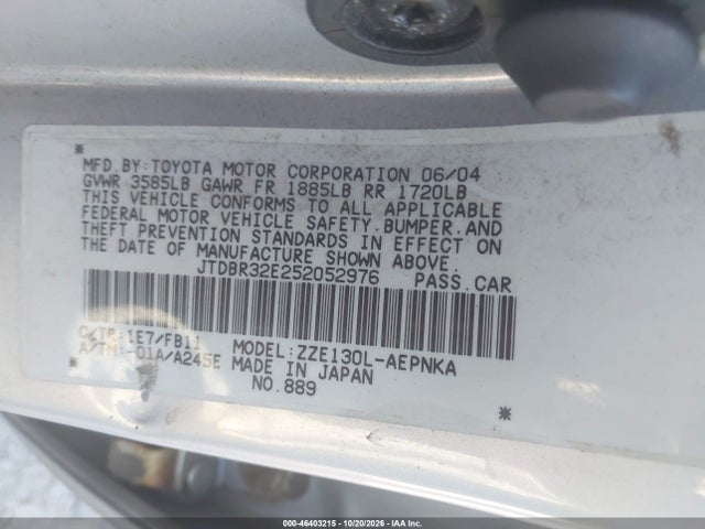 46403215 :رقم المزاد ، JTDBR32E252052976 vin ، 2005 Toyota Corolla Le مزاد بيع