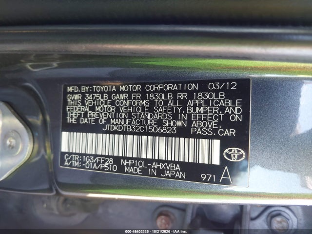 Auction sale of the 2012 Toyota Prius C Two, vin: JTDKDTB32C1506823, lot number: 46403235