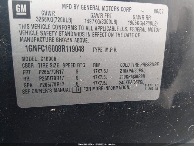 Aukcja sprzedaży 2008 Chevrolet Suburban 1500 Lt, vin: 1GNFC16008R119048, numer aukcji: 46403256