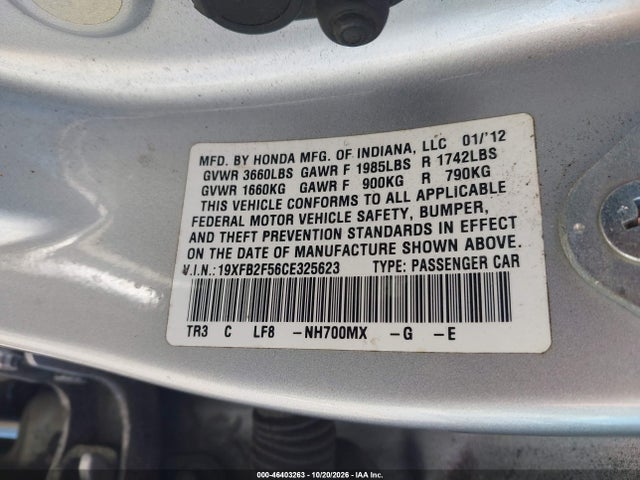 Продаж на аукціоні авто 2012 Honda Civic Lx, vin: 19XFB2F56CE325623, номер лоту: 46403263