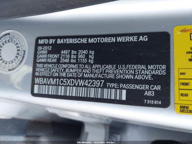 46403293 :رقم المزاد ، WBAVM1C5XDVW42397 vin ، 2013 Bmw X1 Sdrive28i مزاد بيع