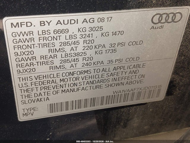 46403303 :رقم المزاد ، WA1VAAF7XJD011315 vin ، 2018 Audi Q7 3.0t Premium مزاد بيع