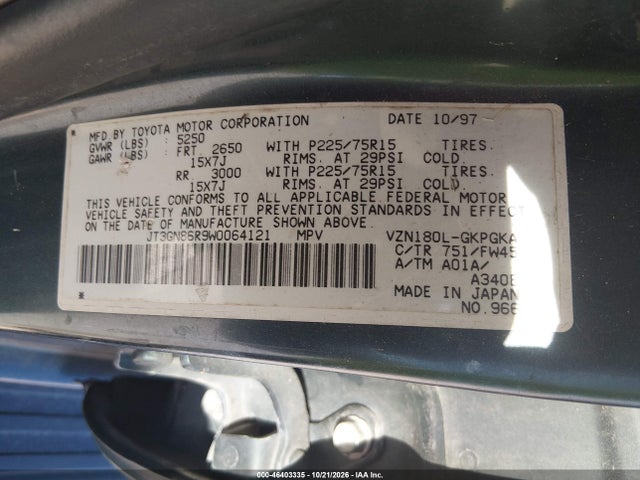 46403335 :رقم المزاد ، JT3GN86R9W0064121 vin ، 1998 Toyota 4runner Sr5 V6 مزاد بيع