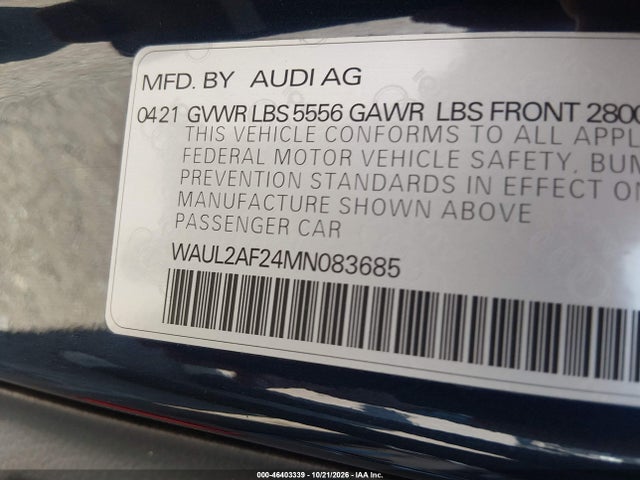 Aukcja sprzedaży 2021 Audi A6 Premium Plus 55 Tfsi Quattro S Tronic, vin: WAUL2AF24MN083685, numer aukcji: 46403339