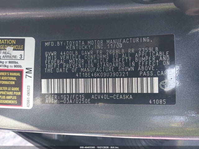 Aukcja sprzedaży 2009 Toyota Camry Se, vin: 4T1BE46K09U390321, numer aukcji: 46403368