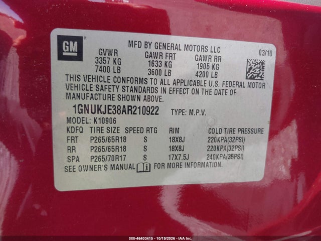 46403415 :رقم المزاد ، 1GNUKJE38AR210922 vin ، 2010 Chevrolet Suburban 1500 Lt1 مزاد بيع