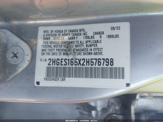 46403418 :رقم المزاد ، 2HGES165X2H576798 vin ، 2002 Honda Civic Lx مزاد بيع