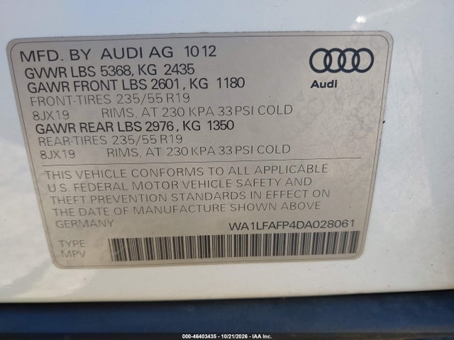 Продажа на аукционе авто 2013 Audi Q5 Premium Plus, vin: WA1LFAFP4DA028061, номер лота: 46403435
