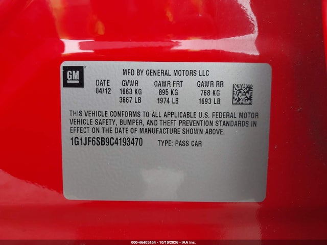 46403454 :رقم المزاد ، 1G1JF6SB9C4193470 vin ، 2012 Chevrolet Sonic 1lz مزاد بيع