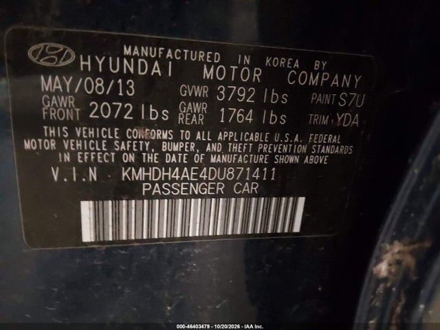 Aukcja sprzedaży 2013 Hyundai Elantra Gls, vin: KMHDH4AE4DU871411, numer aukcji: 46403479