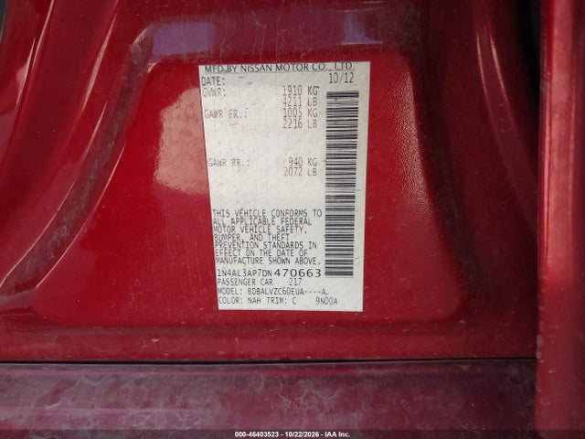 Aukcja sprzedaży 2013 Nissan Altima 2.5 Sl, vin: 1N4AL3AP7DN470663, numer aukcji: 46403523