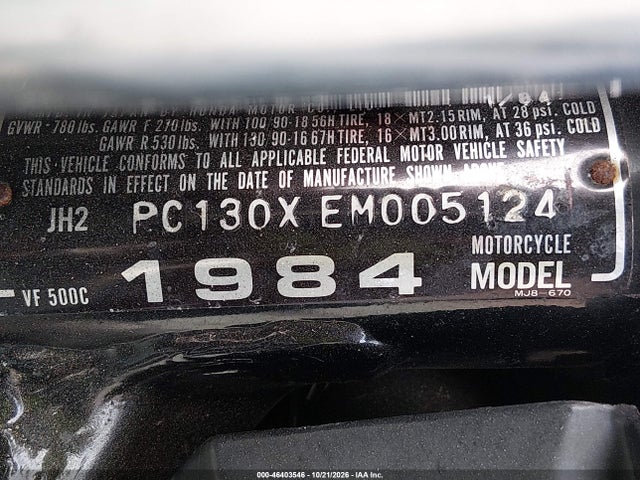 46403546 :رقم المزاد ، JH2PC130XEM005124 vin ، 1984 Honda Vf500 C مزاد بيع