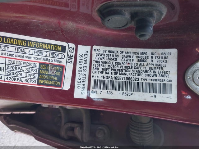46403570 :رقم المزاد ، 1HGFA16587L066323 vin ، 2007 Honda Civic Lx مزاد بيع