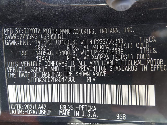 Продаж на аукціоні авто 2011 Toyota Sienna Limited, vin: 5TDDK3DC2BS017366, номер лоту: 46403597