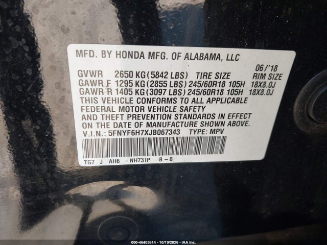 Продаж на аукціоні авто 2018 Honda Pilot Ex-l, vin: 5FNYF6H7XJB067343, номер лоту: 46403614