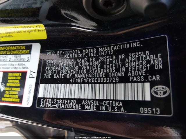 46403616 :رقم المزاد ، 4T1BF1FK0CU093729 vin ، 2012 Toyota Camry Se مزاد بيع