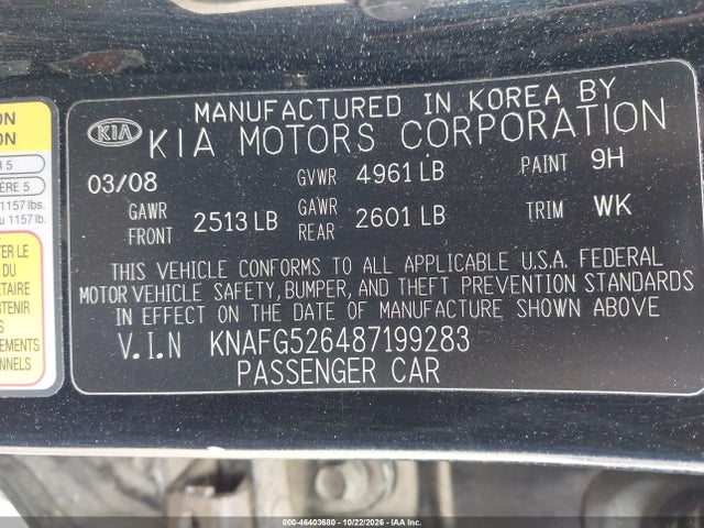 Aukcja sprzedaży 2008 Kia Rondo Lx/ex, vin: KNAFG526487199283, numer aukcji: 46403680