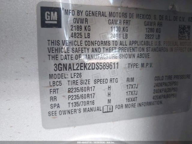 Aukcja sprzedaży 2013 Chevrolet Captiva Sport 2ls, vin: 3GNAL2EK2DS589611, numer aukcji: 46403718