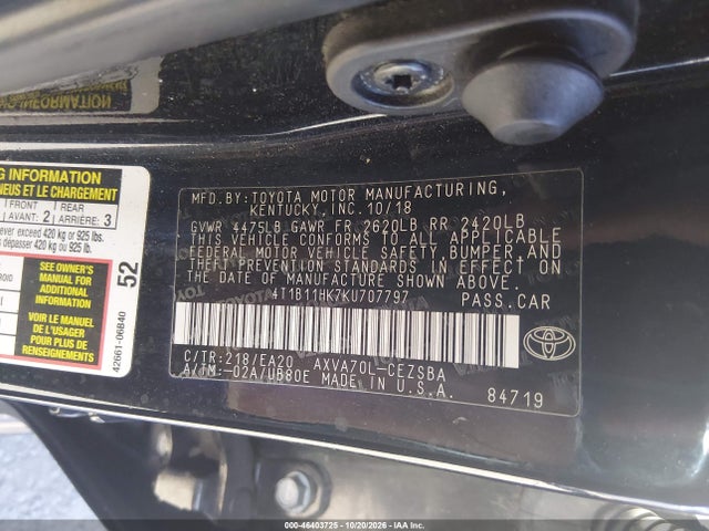 Продажа на аукционе авто 2019 Toyota Camry Se, vin: 4T1B11HK7KU707797, номер лота: 46403725