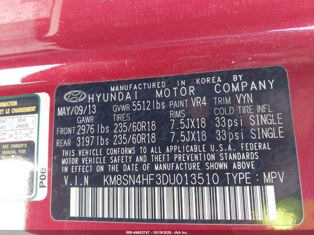 46403747 :رقم المزاد ، KM8SN4HF3DU013510 vin ، 2013 Hyundai Santa Fe Gls مزاد بيع