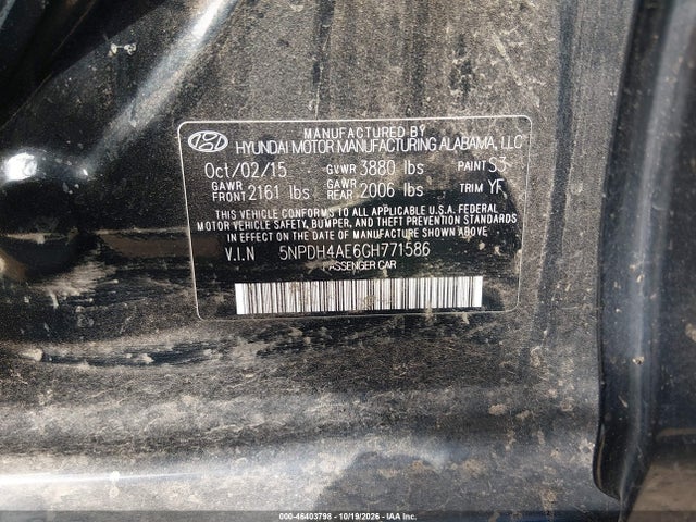 Aukcja sprzedaży 2016 Hyundai Elantra Se, vin: 5NPDH4AE6GH771586, numer aukcji: 46403798