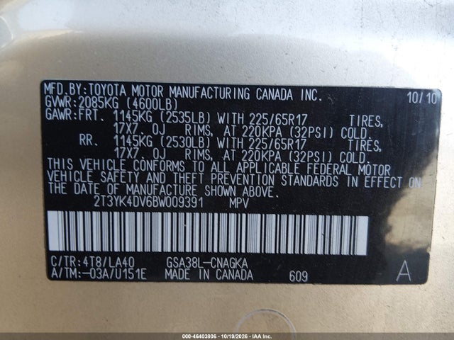 Aukcja sprzedaży 2011 Toyota Rav4 Limited V6, vin: 2T3YK4DV6BW009391, numer aukcji: 46403806