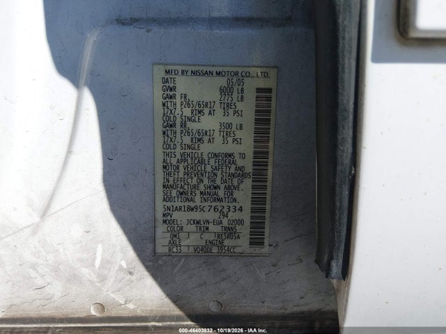 46403832 :رقم المزاد ، 5N1AR18W95C762334 vin ، 2005 Nissan Pathfinder Le مزاد بيع